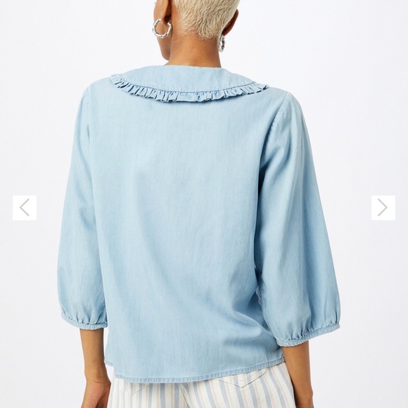 Women's Light Blue Ruffle Collar Top - Picture 2 of 8